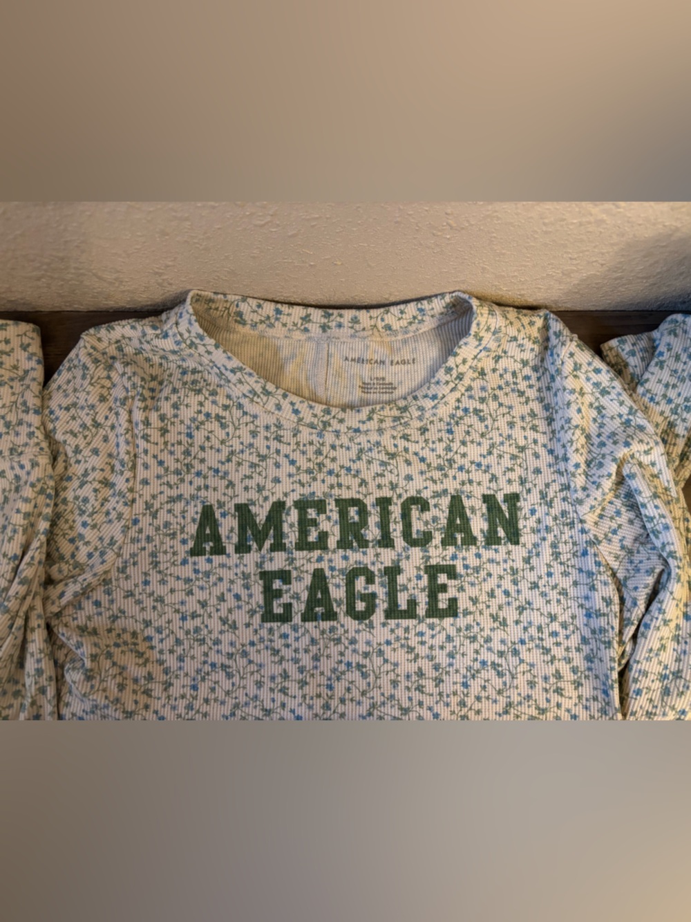American Eagle Outfitters Cream Waffle Knit Shirt with Blue-Green Floral Trim